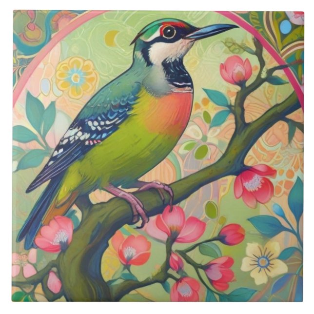 Pássaro de Pica Verde Asiático Rosa Floral (Frente)