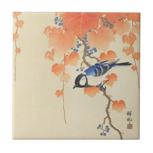 Pássaro e hera vermelha por Ohara Koson (Frente)