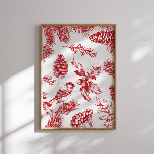Pássaro e Poster de Pinheiro do Toile Vermelho