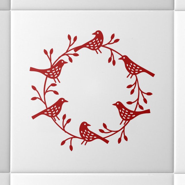 Pássaro Escandinavo Moderno e Wreath Rosehip (Scandinavian red and white bird wreath ceramic tile)