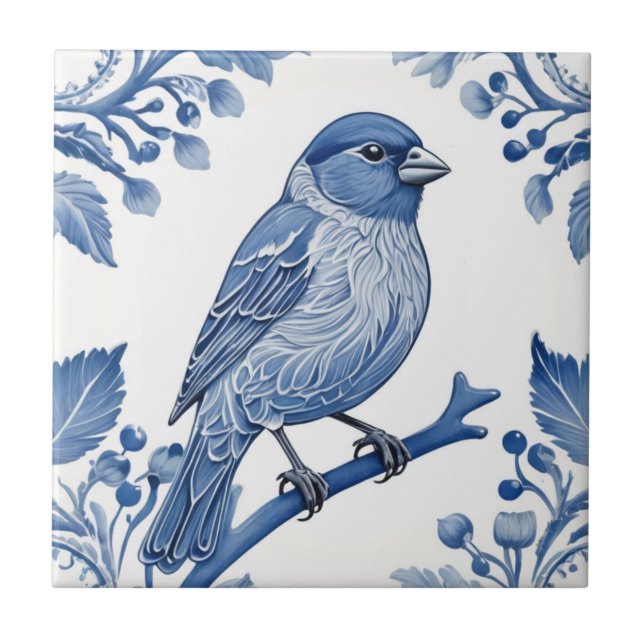 Pássaro Floral Branco e Azul Finch Delft (Frente)