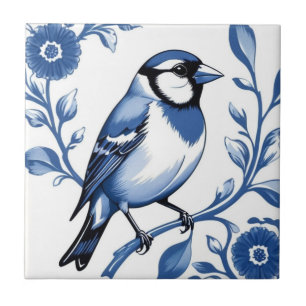Pássaro Floral Branco e Azul Goldfinch Delft
