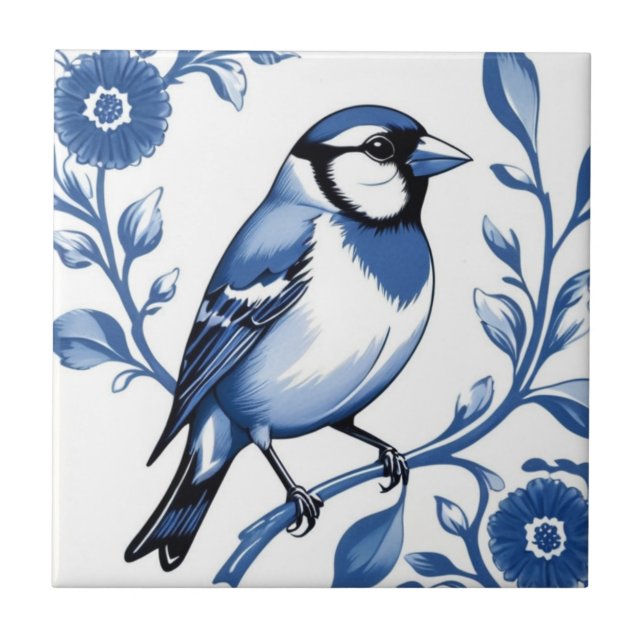Pássaro Floral Branco e Azul Goldfinch Delft (Frente)