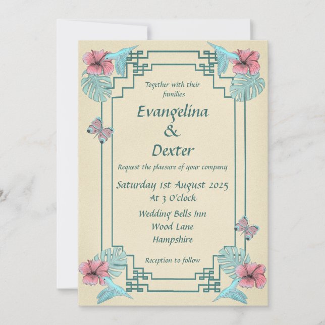 Pássaro Humming & Hibiscus - Convite para Casament (Frente)