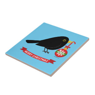 Pássaro Negro Bonito Com Bola De Natal