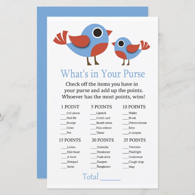 Pássaro O que há no seu chá de fraldas de jogo (Frente/Verso)