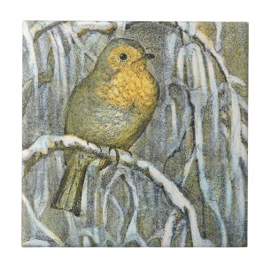 Pássaro Robin vintage em um galho nevado