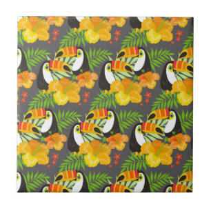 Pássaro Tucano Laranja Flores Tropicais Folhas Ver