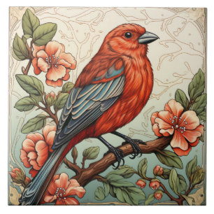 Pássaro Vermelho e Flores de Pêssego Art Nouveau