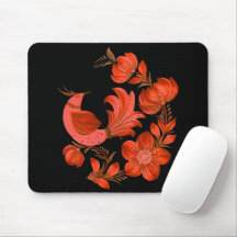Pássaro Vermelho e Mouse Pad de Arte Folclórica Fl