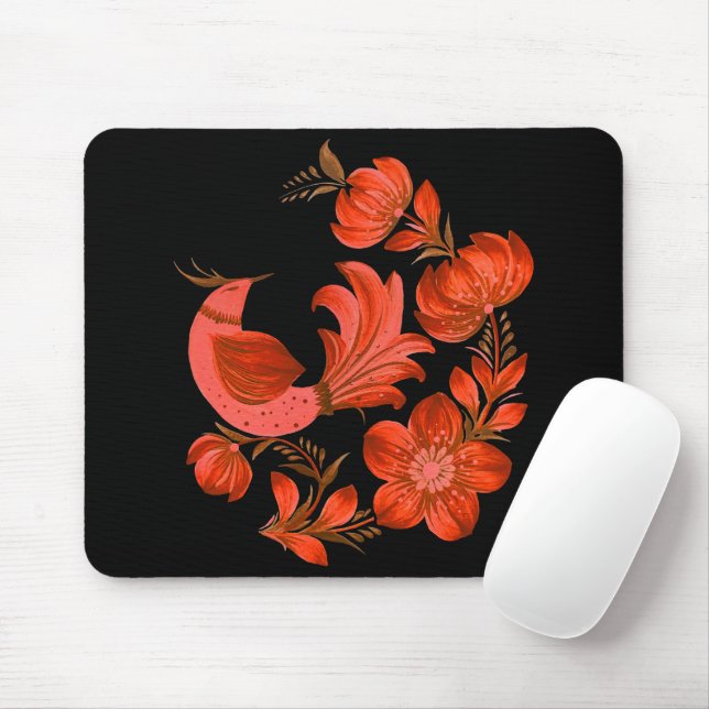 Pássaro Vermelho e Mouse Pad de Arte Folclórica Fl (Com mouse)