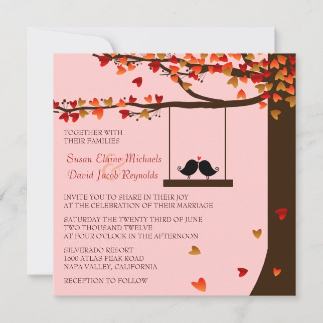 Pássaros Adoram Corações Caindo Convite de casamen (Frente)