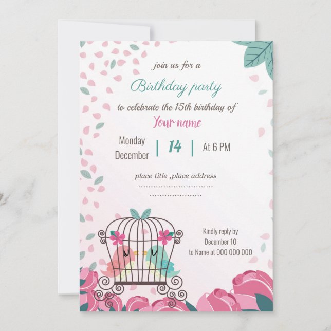 pássaros adoráveis na festa de aniversário floral  (Frente)