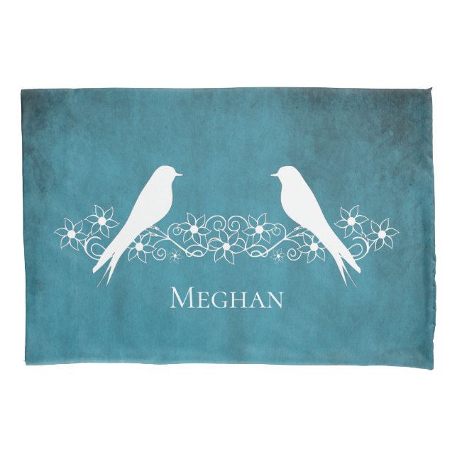 Pássaros Azuis Vinha Floral Pillowcase (Frente)