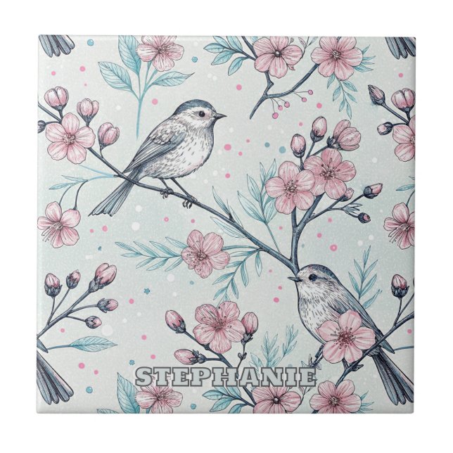 Pássaros Azul-turquesa Elegantes Flores de Cerejei (Frente)