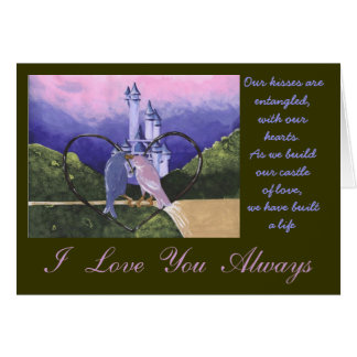 Pássaros beijando com coração em frente ao cartão 