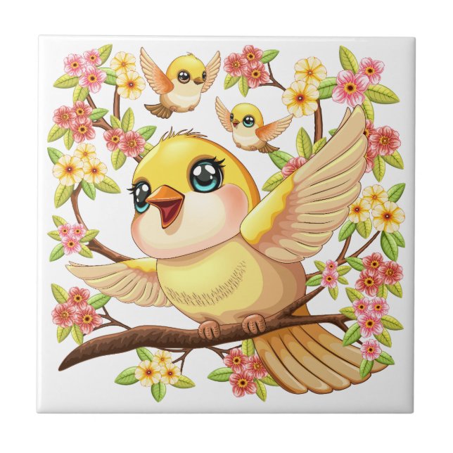 Pássaros bonitos e felizes entre as flores da prim (Frente)