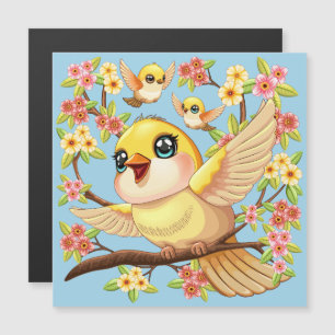 Pássaros bonitos e felizes entre as flores da prim