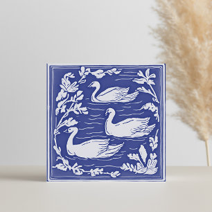 Pássaros Cisnes Art Nouveau Azuis e Brancos Vintag