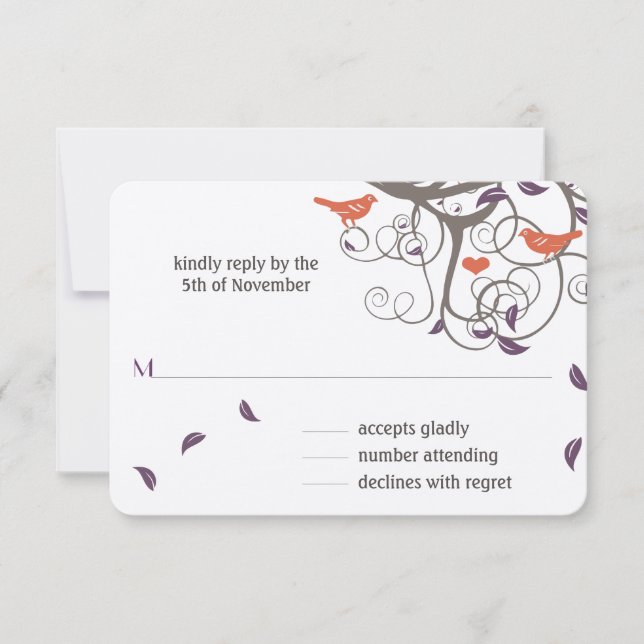 Pássaros de Amor Casamento RSVP Árvore de Madeira  (Frente)