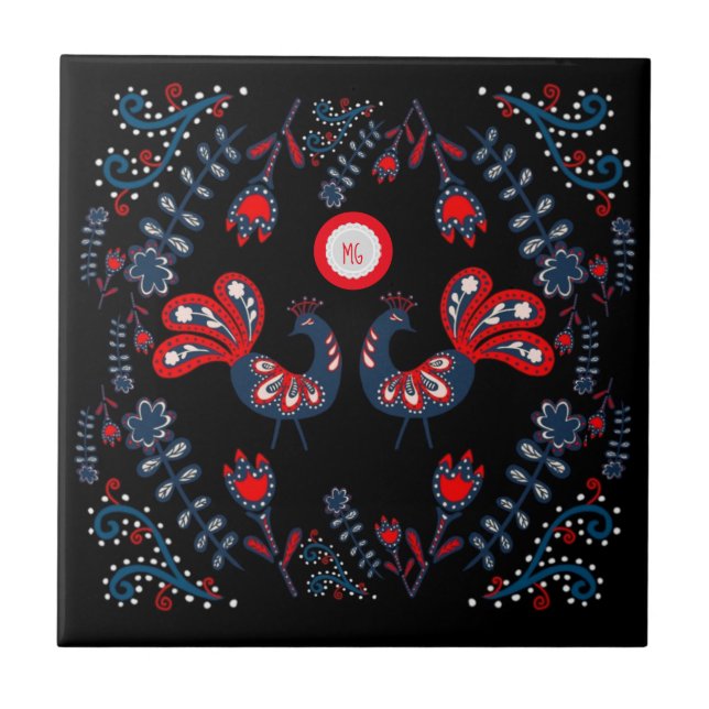 Pássaros de Arte Folclórica Escandinavos Monograma (Frente)