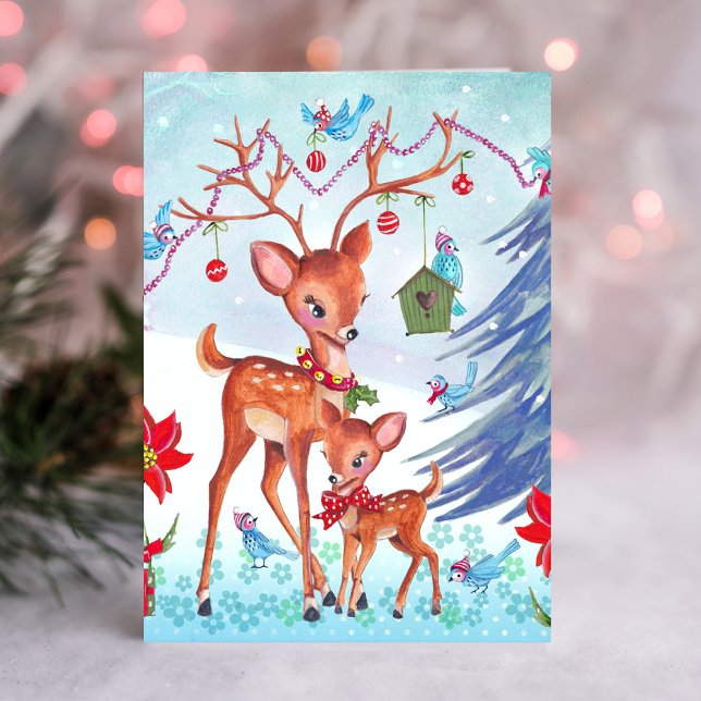 Pássaros de Natal | Cartão de Cartões de natal (Deer Christmas Birds | Holiday Greeting card)