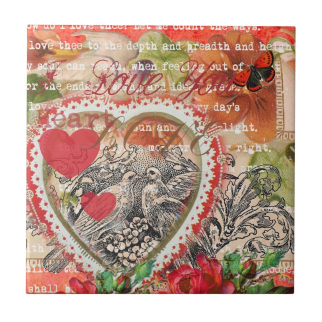 Pássaros do Amor Coração Arte Colagem Vermelha (Frente)
