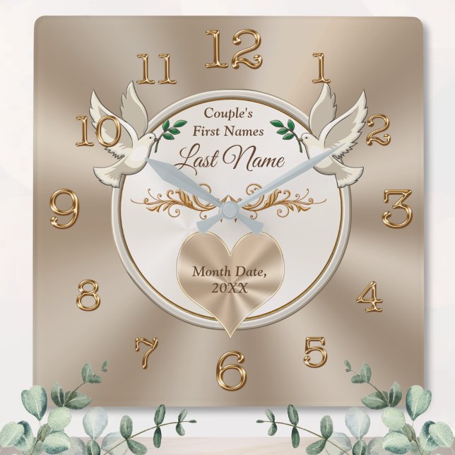 Pássaros do Amor e Relógio de Casamento Personaliz (Personalised bridal shower gift. Wedding clock gift. Taupe wall clock. Bridal shower gifts for bride)