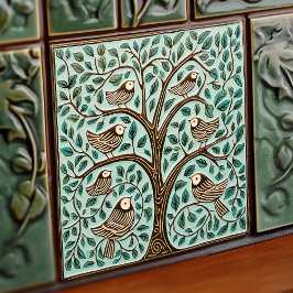Pássaros e Árvore da Vida Sage Arte Verde Nouveau