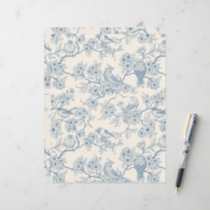 Pássaros e flor de cerejeira em azul e branco esma