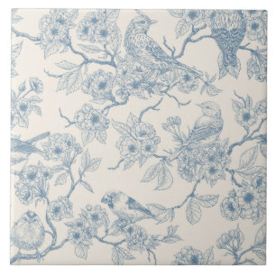 Pássaros e flor de cerejeira em azul e branco esma