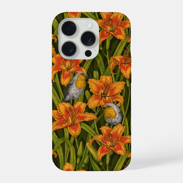 Pássaros e flores de lírio, laranja e verde escuro (Verso)