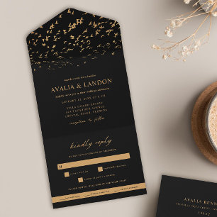 Pássaros Elegantes de um Casamento Preto e Dourado