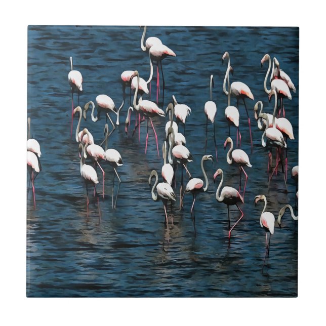Pássaros Flamingo, Cor-de-Rosa e Branco, Em Azul-I (Frente)