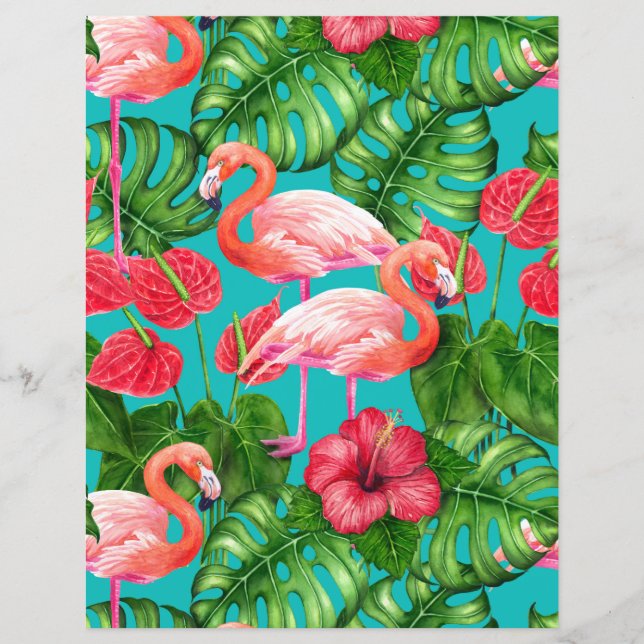 Pássaros Flamingo e aquarela de jardim tropical (Frente)