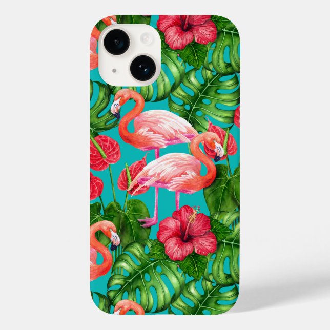 Pássaros Flamingo e aquarela de jardim tropical (Verso)