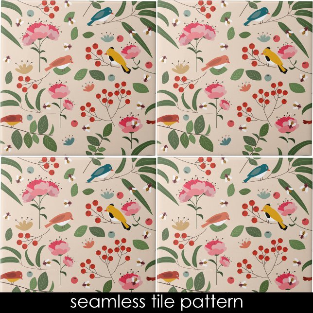 Pássaros Florais De Mão Abelhas Padrão Botânico (Hand Drawn Floral Birds Bees Botanical Pattern Ceramic Tile)