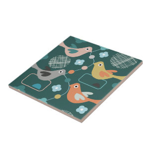 Pássaros Flores Retro Padrão de Meio século Mod