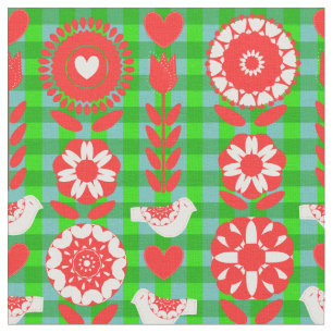 Pássaros Folk Art Bonito Tecido de Padrão Floral