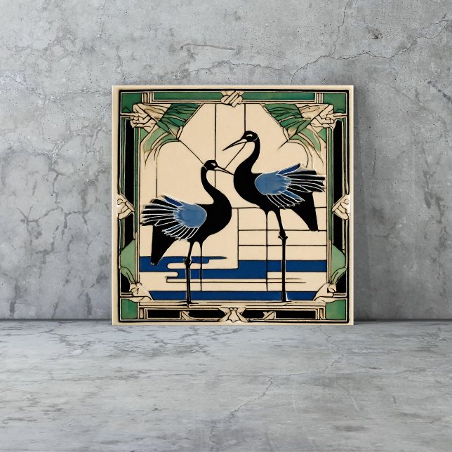 Pássaros gruas no lago Art Deco Art Nouveau (birds tiles are a vintage Art Deco style with cranes in blue and green geometric style)