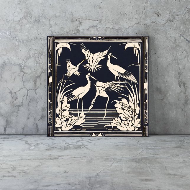Pássaros gruas preto e branco Deco Nouveau (birds tiles are a vintage Art Deco style with cranes in black and cream geometric style)