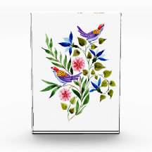 Pássaros Rosa e Azul Flores Aquarelas