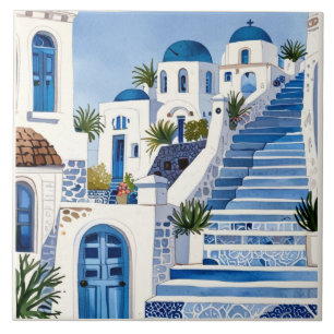 Passos de Santorini, Grécia Azul Aquarela Grego