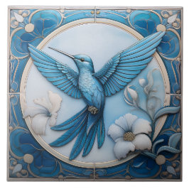 Pastel blue faux relief Art Nouveau Hummingbird L