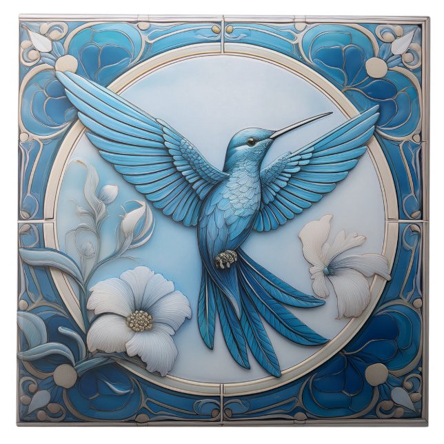 Pastel blue faux relief Art Nouveau Hummingbird R (Frente)