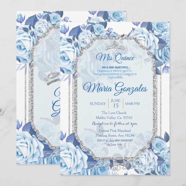 Pastel Blue Floral Rosas Mis Quince Convite (Frente/Verso)