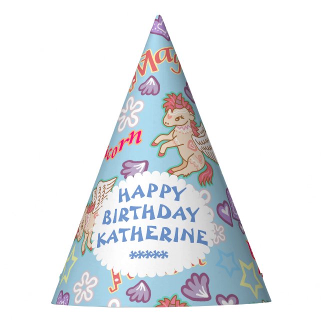 Pastel Branco Azul Unicorno. Chapéu de Festa (Frente)