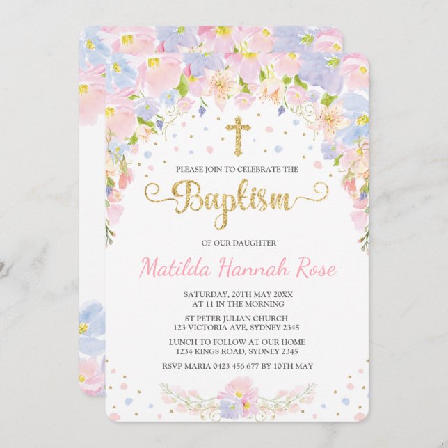 Pastel Floral Girl Baptism Christening Convite (Frente/Verso)