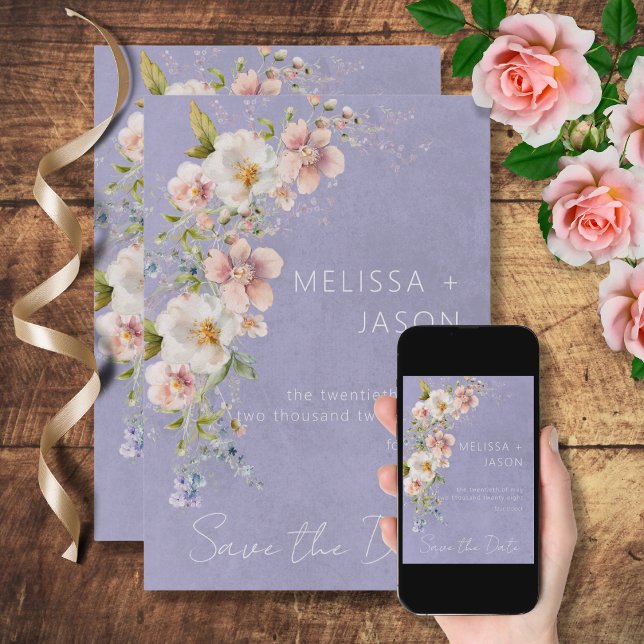 Pastel Floral Modern Purple Salve o Cartão de Data (Criador carregado)