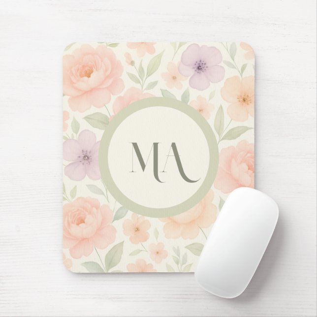 Pastel Floral Monograma Mousepad - Personalizado (Com mouse)